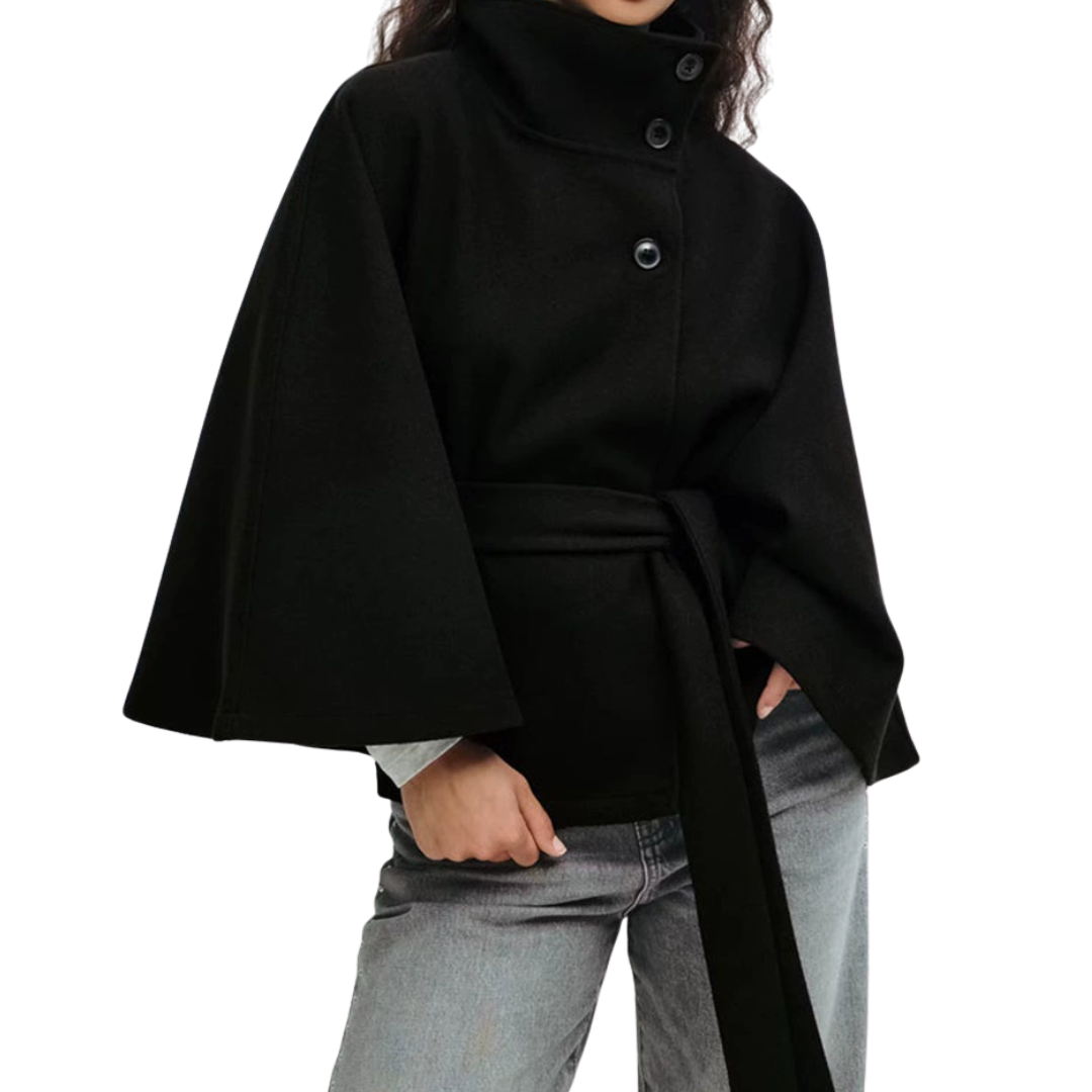 High Neck Button Belted Cape Coat 3