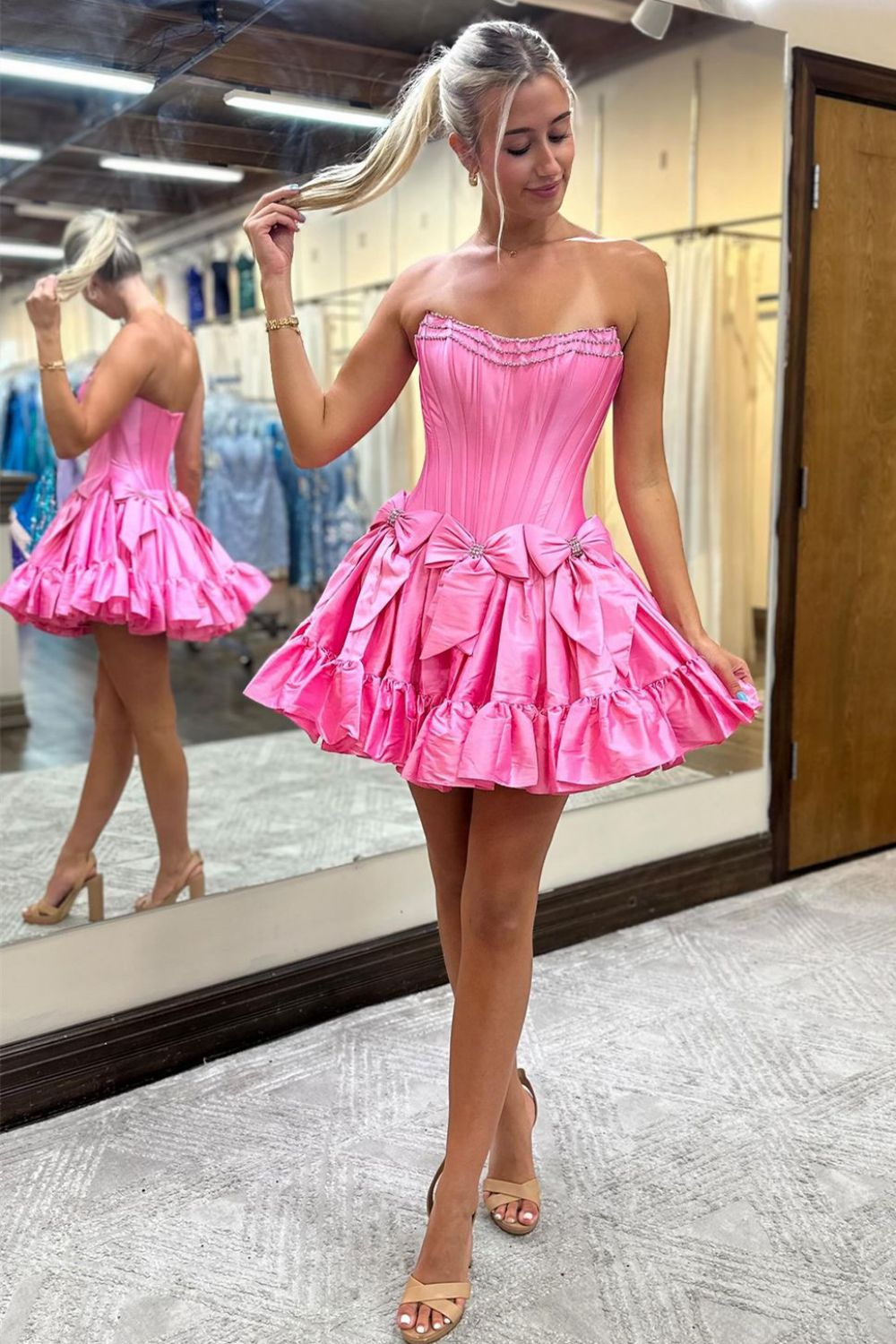 Black A-Line Strapless Short Satin Homecoming Dress With Bowknot - Fashionpara
