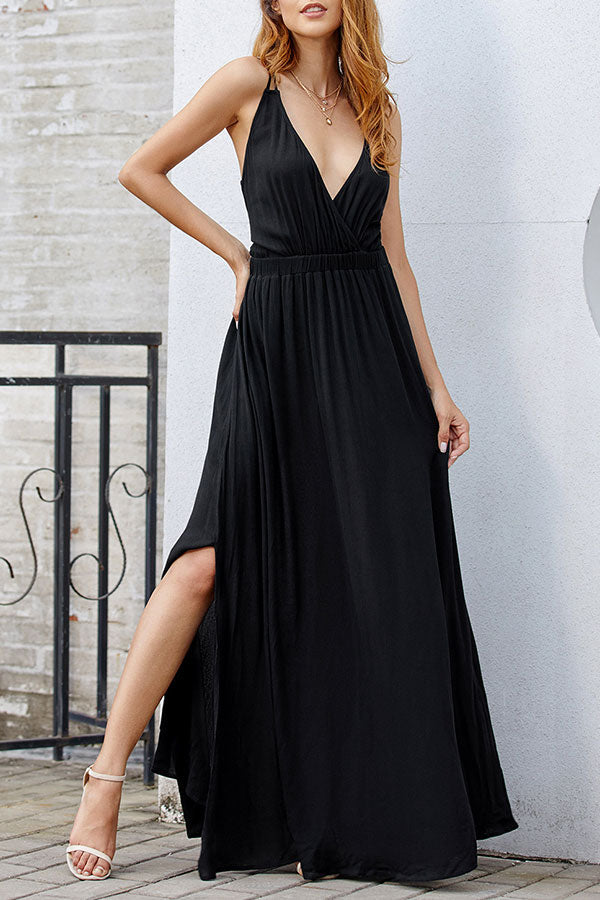 Black V-neck Spaghetti Straps Backless Prom Dress - Mislish