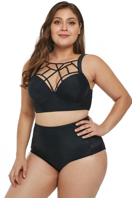 Black Caged Push-Up Balconette Plus Size High Waist Bikini Set