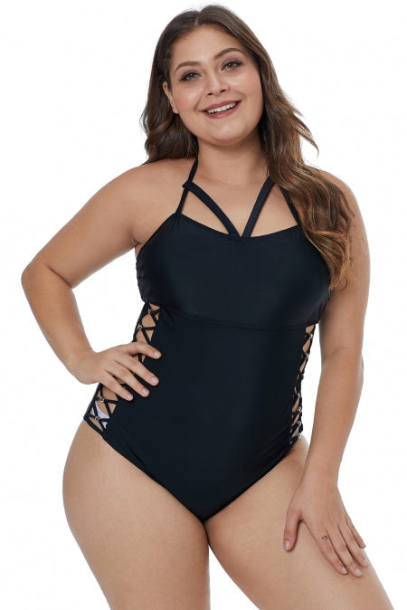 Black Crisscross Hollow-out Side Plus Size One Piece Swimwear