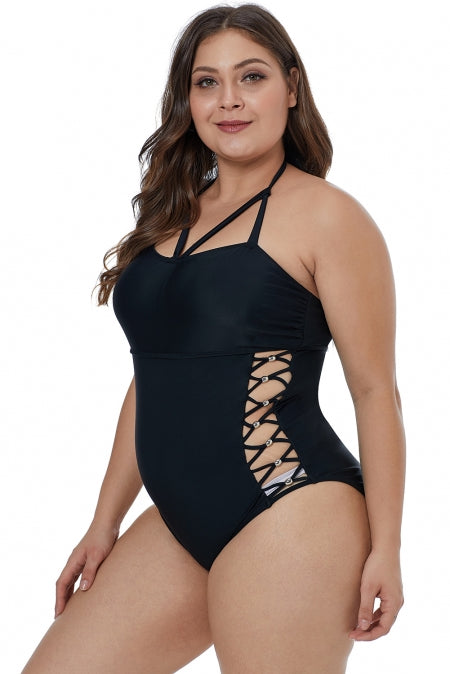 Black Crisscross Hollow-out Side Plus Size One Piece Swimwear