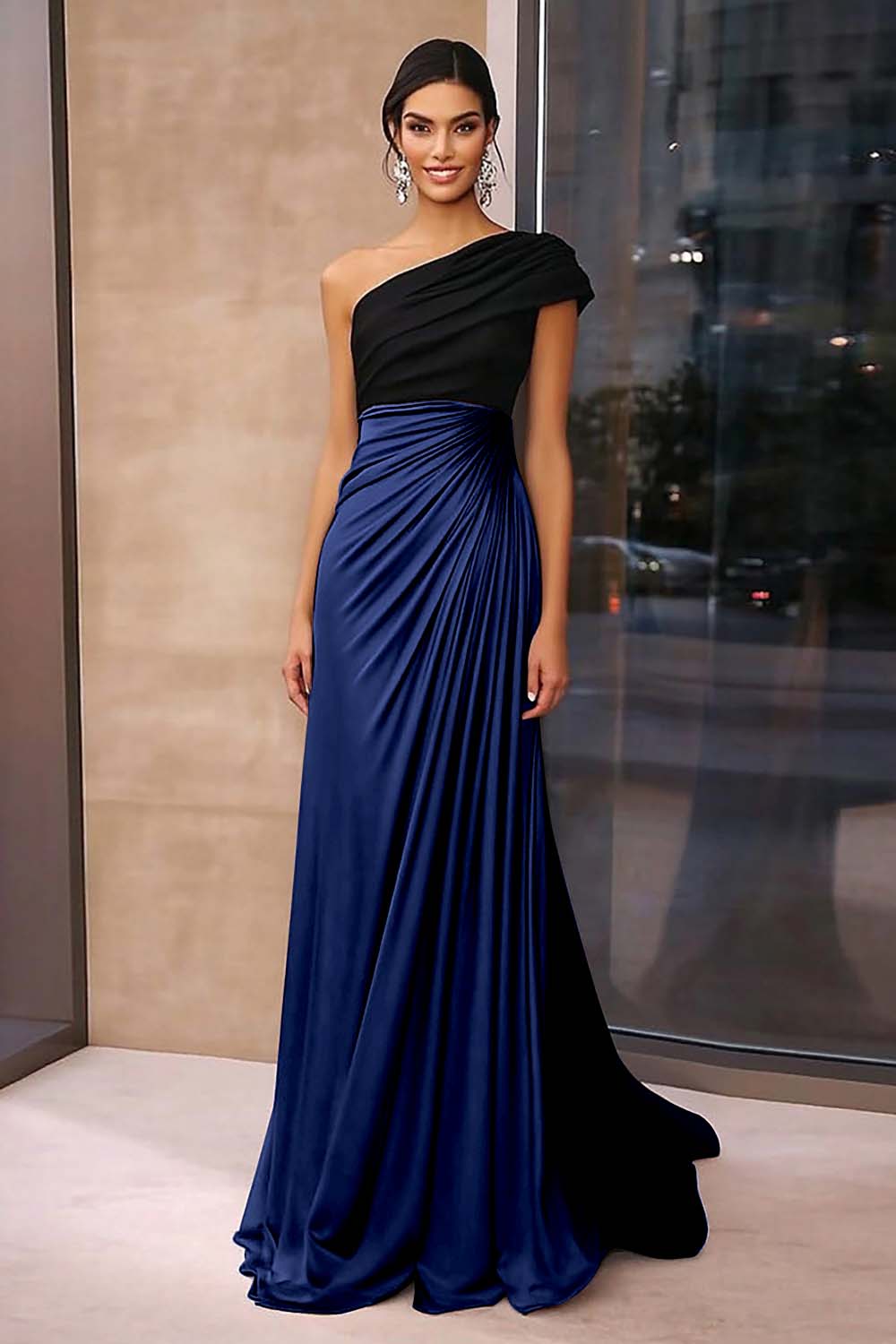 Brown Crepe Sheath Ruched One Shoulder Gala Dress
