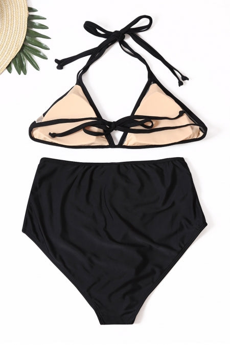 Black Embroidery Mesh Splicing High-waisted Swimsuit