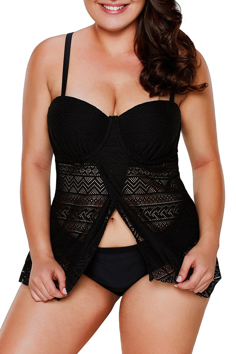 Black Lace Flyaway Underwired Push up Tankini Bathing Suit