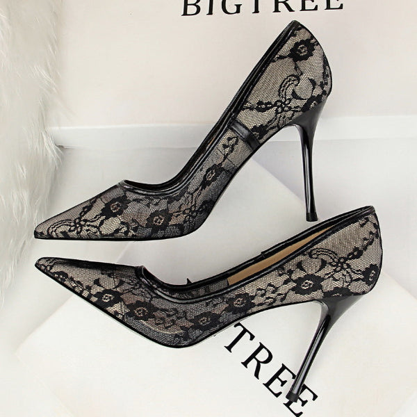 Black Lace Stiletto Heels Pointed-toe Shoes