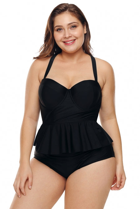 Black Moulded Cups Peplum High Waist Plus Size Bikini Set