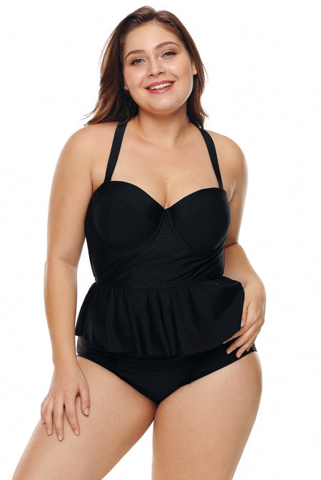 Black Moulded Cups Peplum High Waist Plus Size Bikini Set