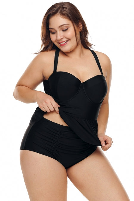 Black Moulded Cups Peplum High Waist Plus Size Bikini Set