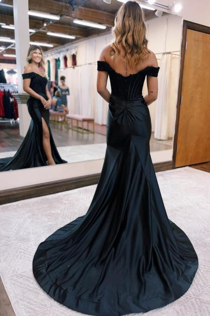 Mermaid Black Off the shoulder high split prom dress - Fashionpara