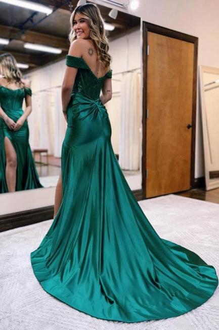 Mermaid Black Off the shoulder high split prom dress - Fashionpara