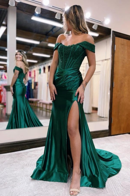 Mermaid Black Off the shoulder high split prom dress - Fashionpara
