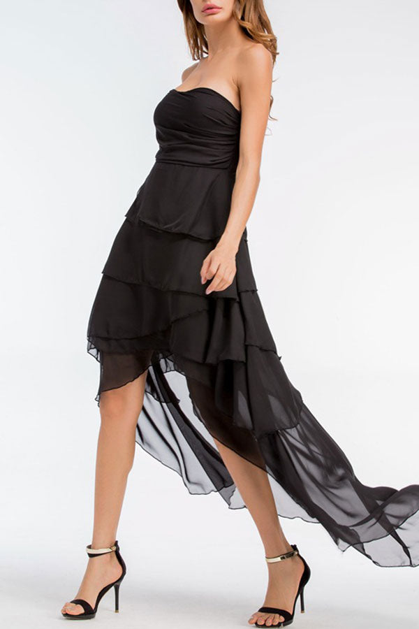 Black Ruched Bandeau Chiffon Dress