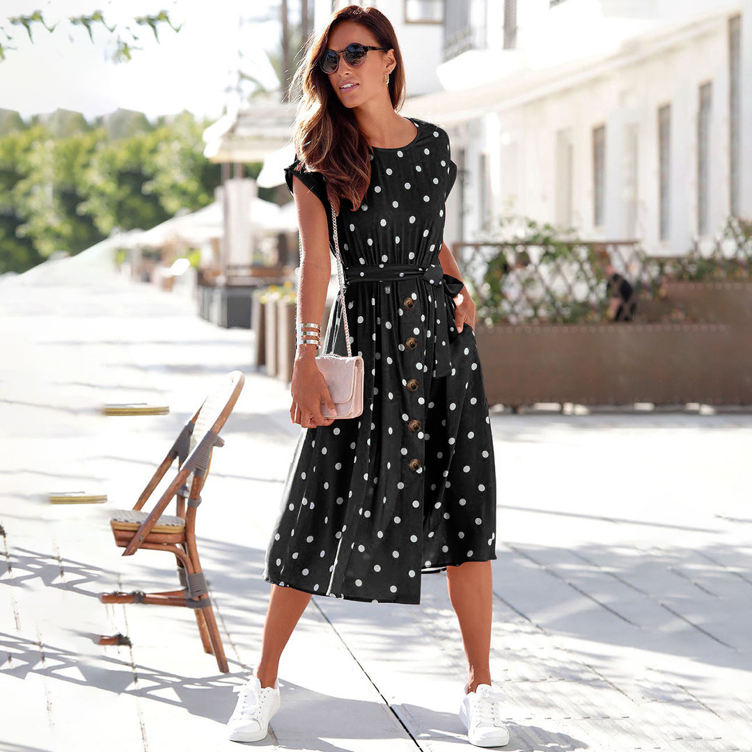 Polka Dot Cap Sleeve Button Front Belted Pocket Midi Dress