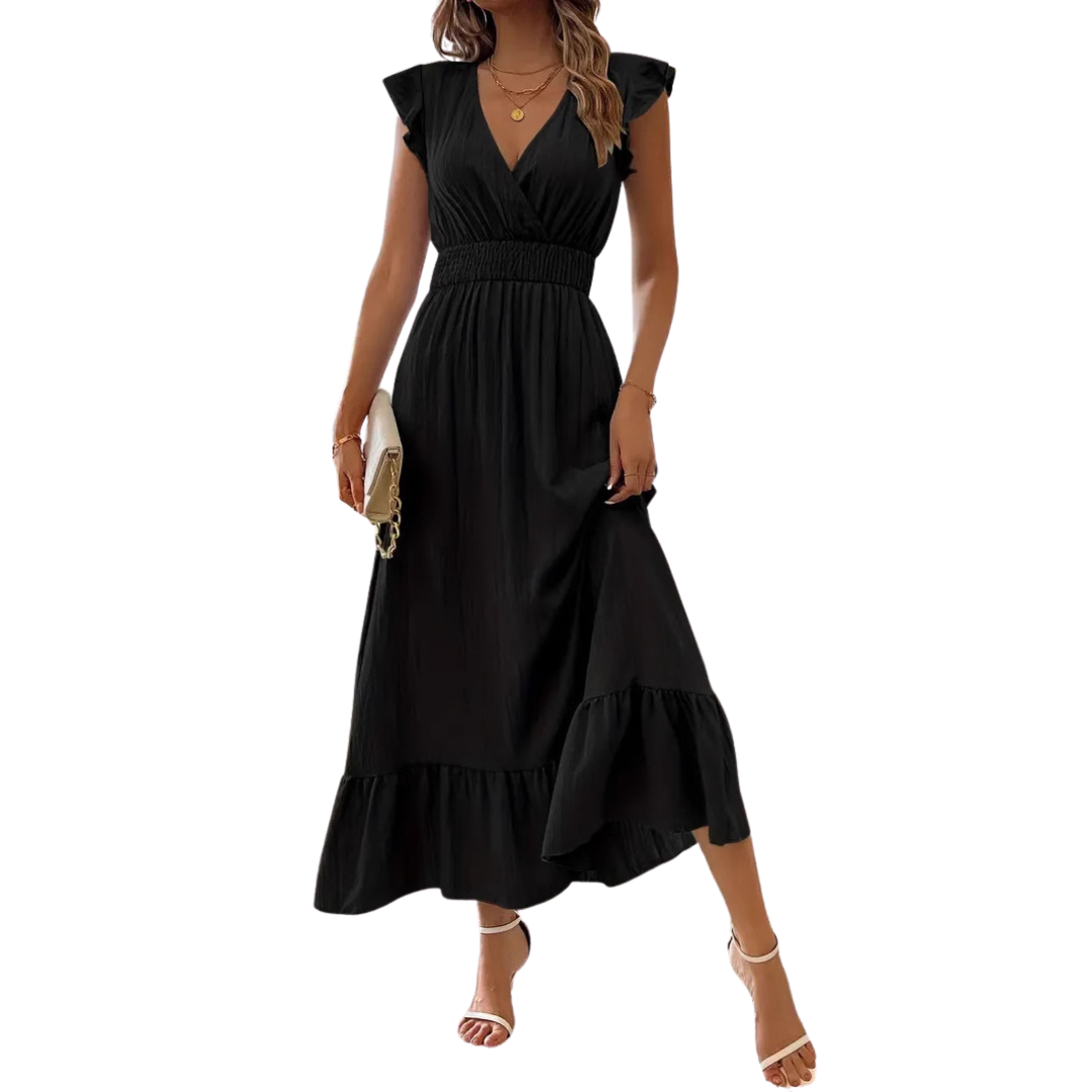 V-Neck Ruffle Cap Sleeve Smocked Waist Ruffle Hem Midi Dress 3