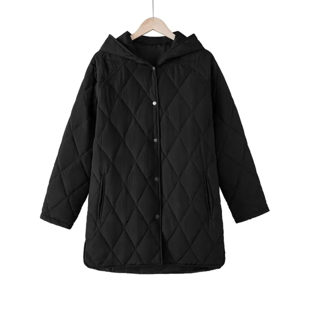 Hooded Diamond Quilted Button Front Longline Jacket