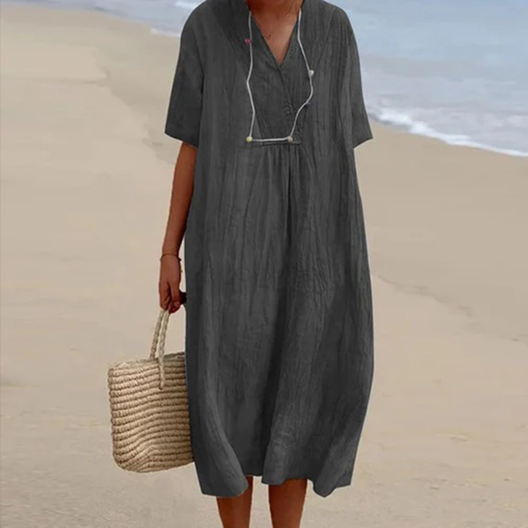 Split Neck Short Sleeve Linen Midi Dress 3