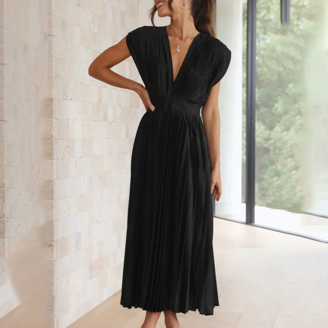 Pleated Satin Deep V-Neck Sleeveless Midi Dress 6