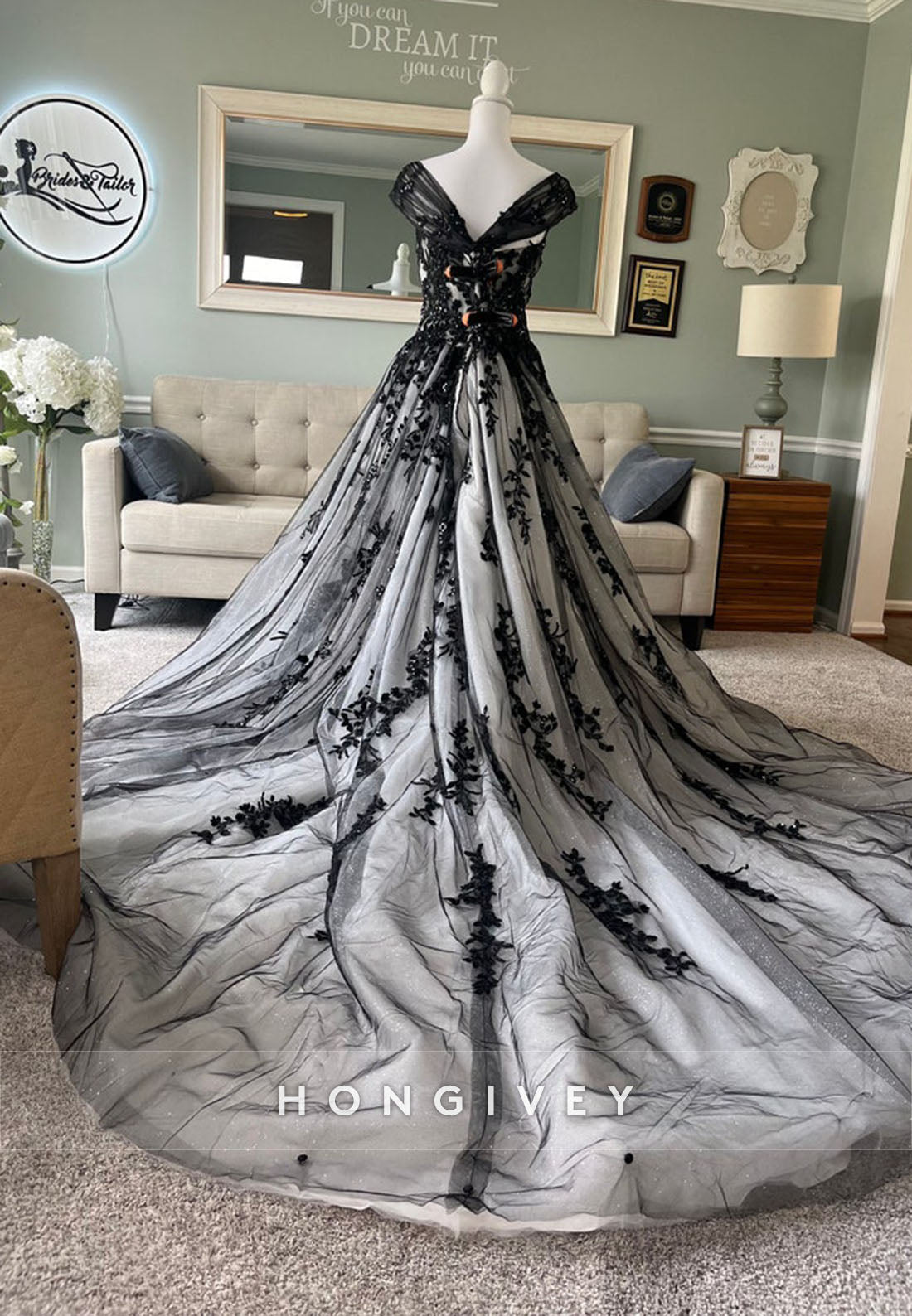 Black and Ivory Cap Sleeves A-Line V Back Wedding Dress with Appliques