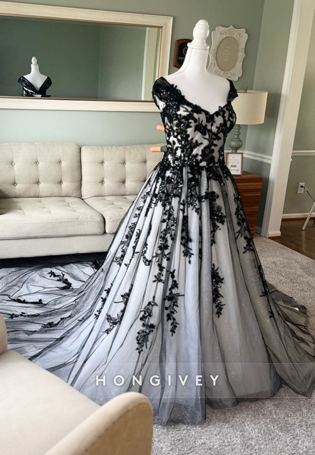 Black and Ivory Cap Sleeves A-Line V Back Wedding Dress with Appliques