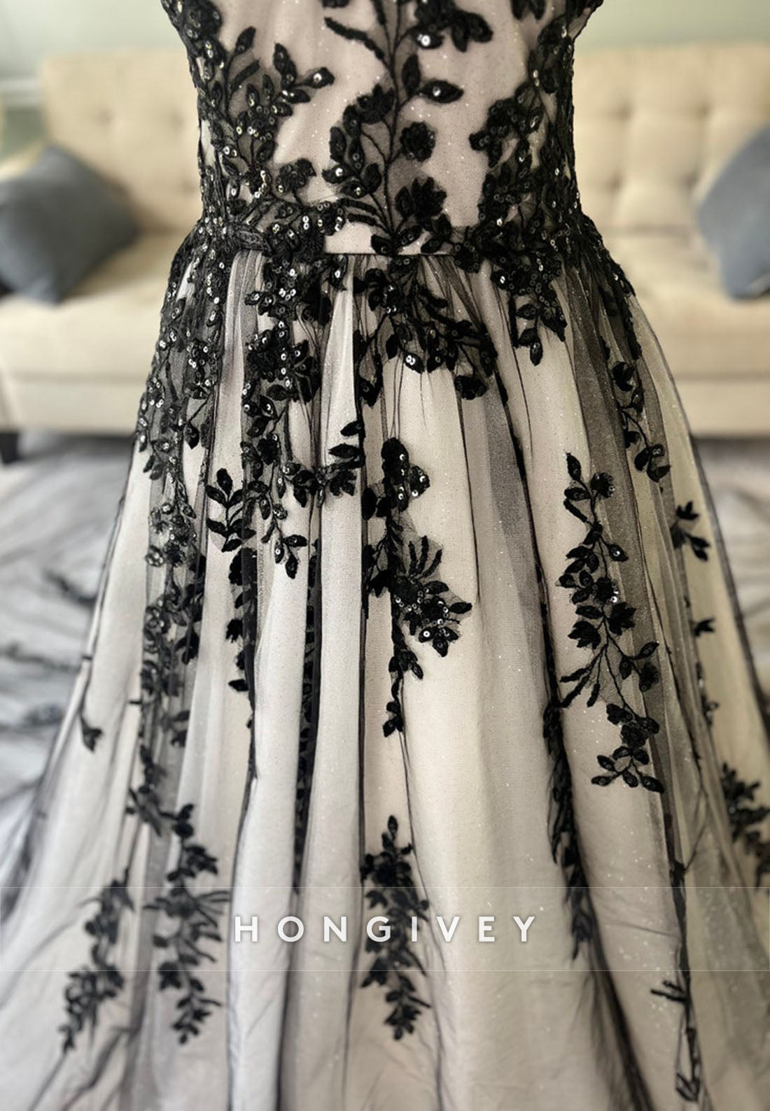 Black and Ivory Cap Sleeves A-Line V Back Wedding Dress with Appliques