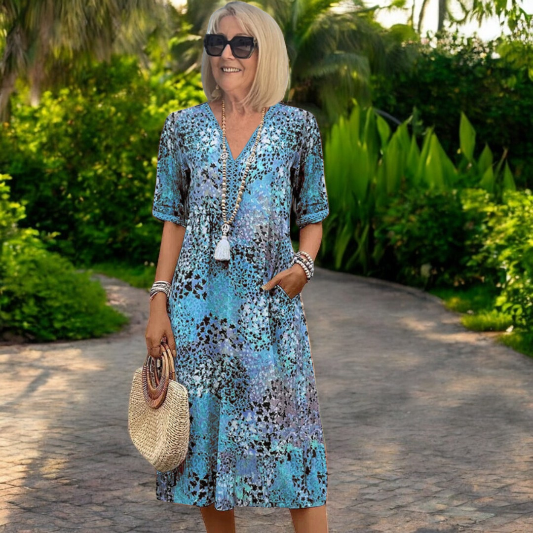 V-Neck Short Sleeve Pocket Abstract Print Midi Shift Dress - View 2