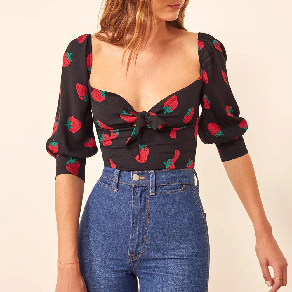 Strawberry Print Sweetheart Neck Slim Smocked Puff Blouse