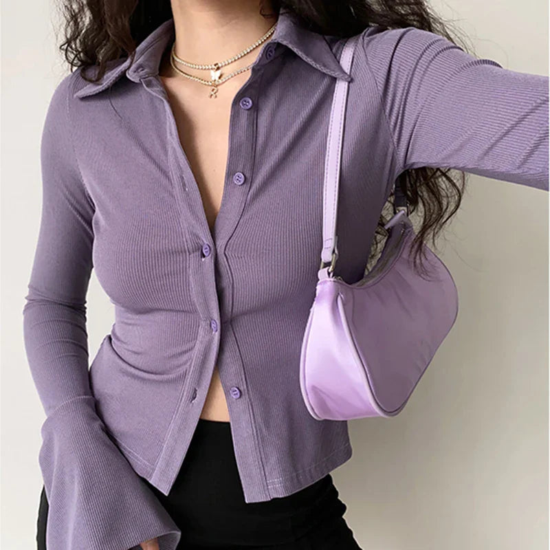 Polo Lapel Flared Sleeve Blouse
