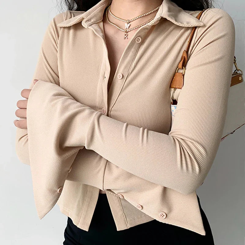Polo Lapel Flared Sleeve Blouse