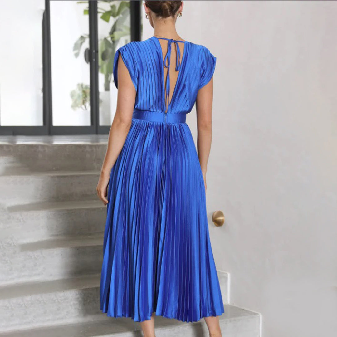Pleated Satin Deep V-Neck Sleeveless Midi Dress 8