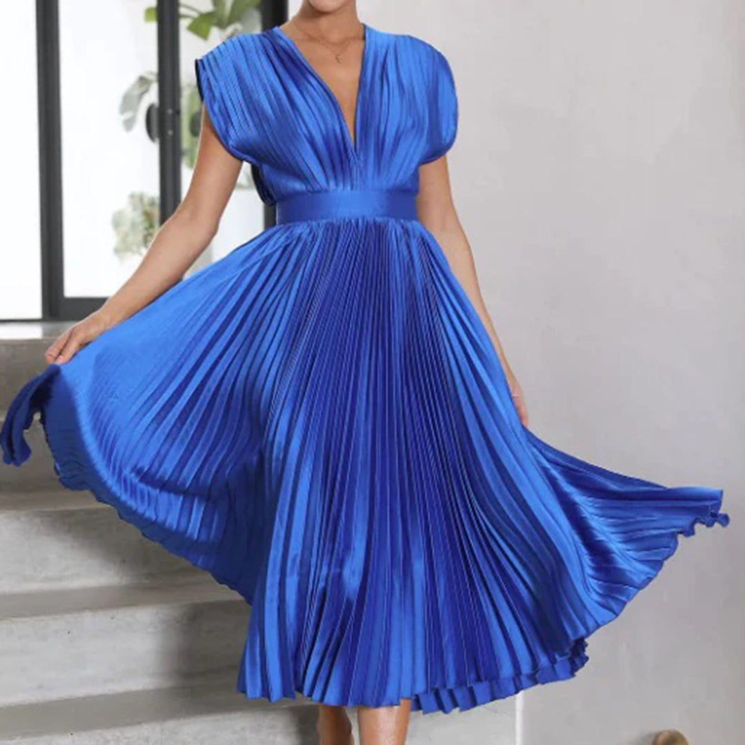 Pleated Satin Deep V-Neck Sleeveless Midi Dress 7