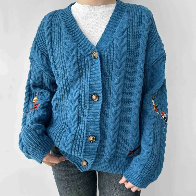 Blue Koi V-neck Embroidered Cardigan