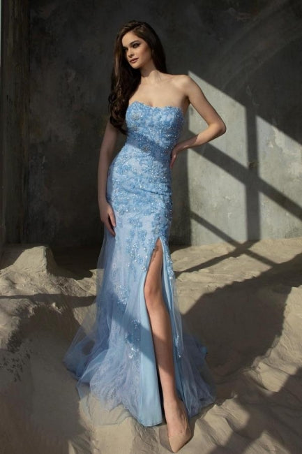 Unique Blue Column Strapless Split Floor Length Tulle Prom Dress with Appliques - Fashionpara