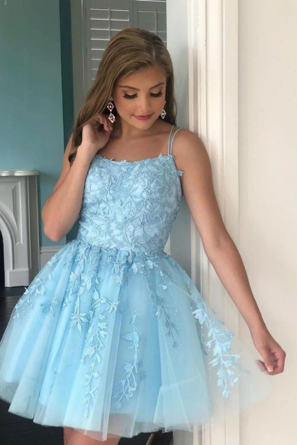 Blue A-line Corset Back Homecoming Dress With Applique