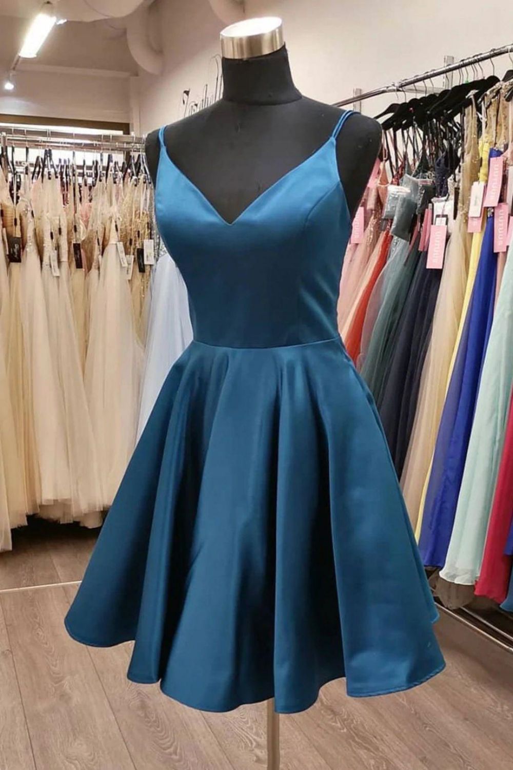 Blue A-line V-neck Spaghetti Straps Homecoming Dress - Fashionpara