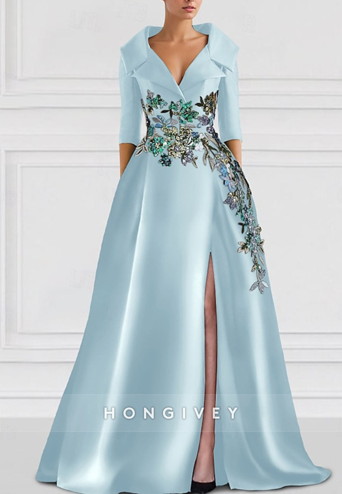 High Slit Princess Floor-Length V Neck Satin 3/4 Sleeve Pleated Appliqued Evening Gown