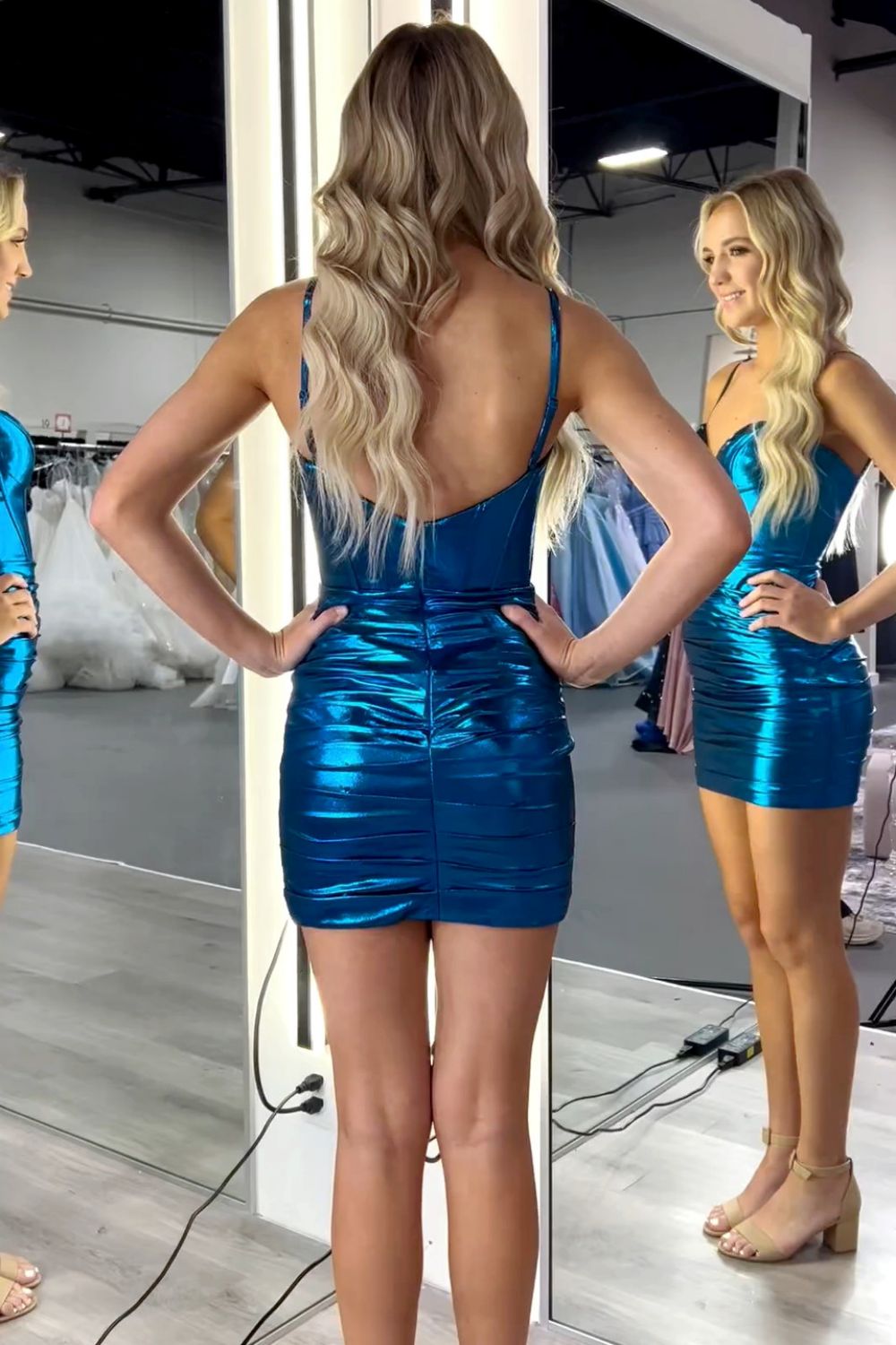 Blue Mermaid Spaghetti Straps Short Metallic Homecoming Dress with Pleating - Fashionpara