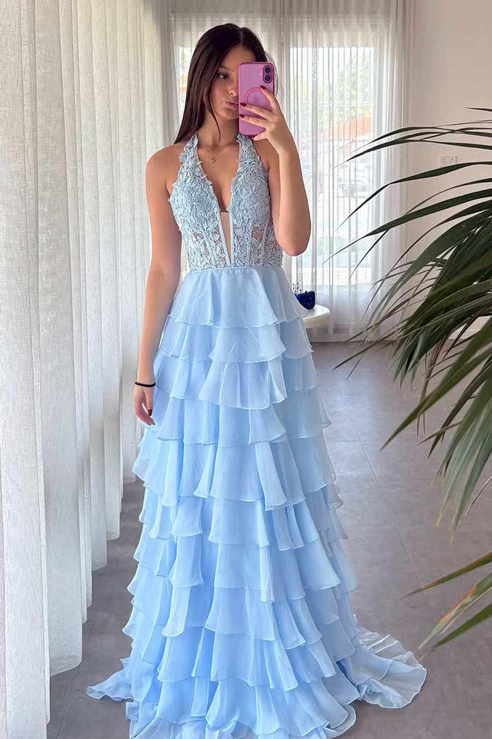 Blue A-Line Halter Neck Lace Top Long Tiered Chiffon Prom Dress With Slit - Fashionpara