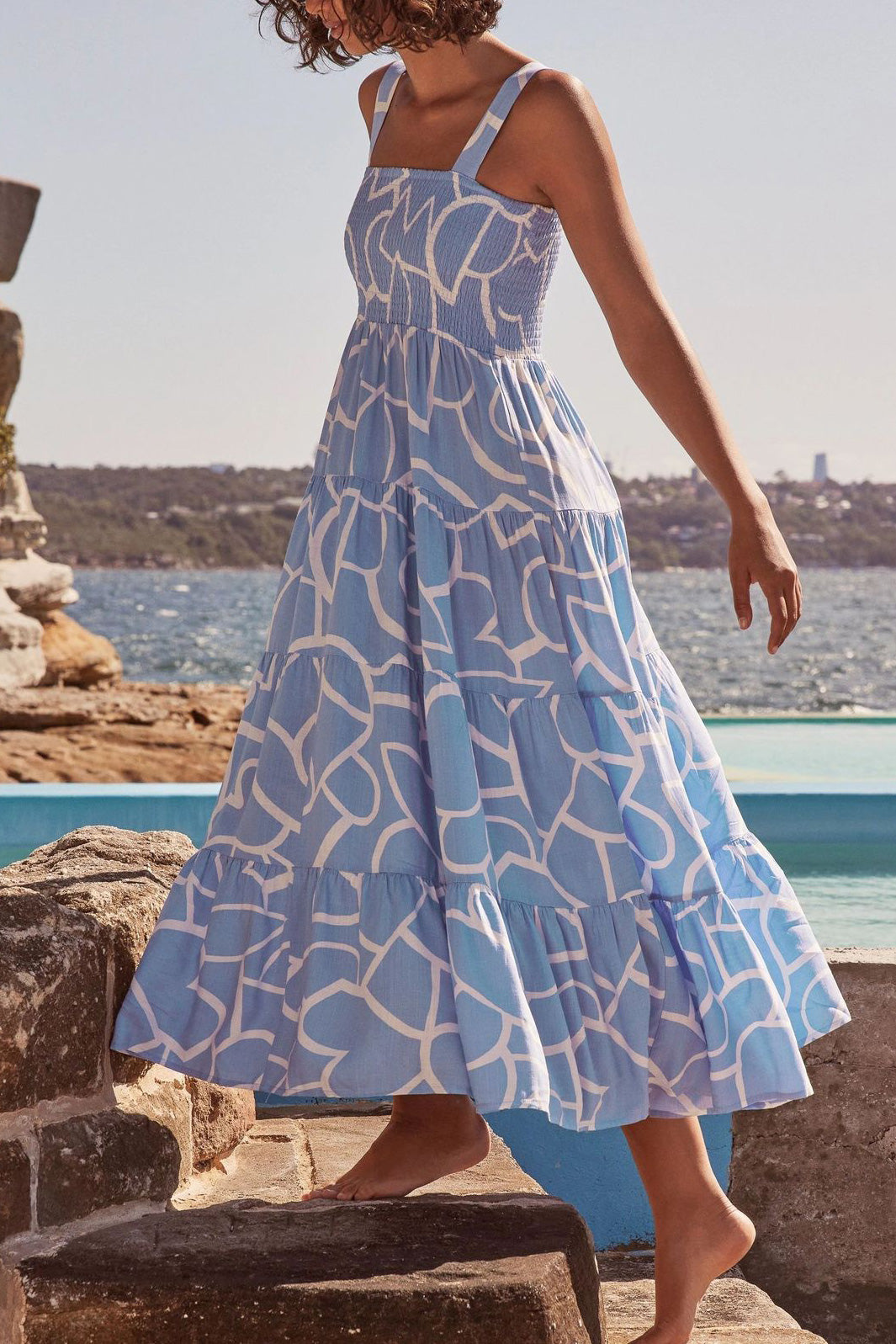 Blue Print Sleeveless A-Line Maxi Midi Dress