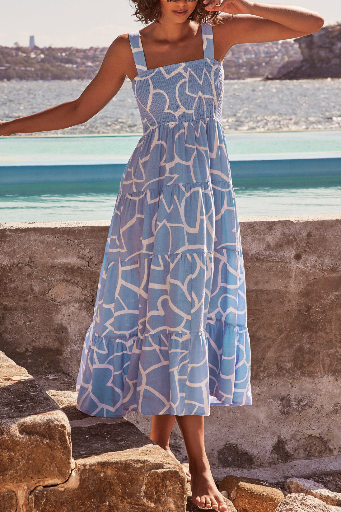 Blue Print Sleeveless A-Line Maxi Midi Dress