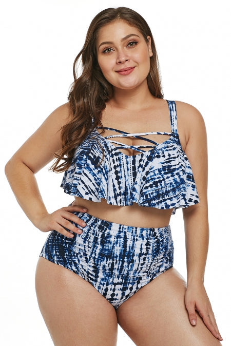 Blue Strappy Plus Size High Waist Swimwear