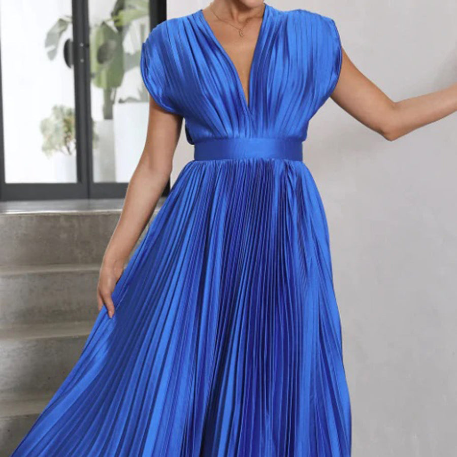 Pleated Satin Deep V-Neck Sleeveless Midi Dress 9