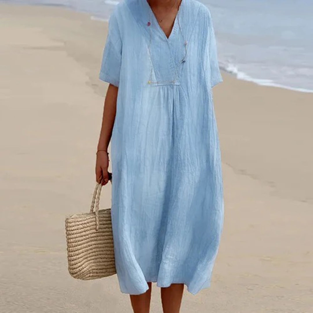 Split Neck Short Sleeve Linen Midi Dress 2