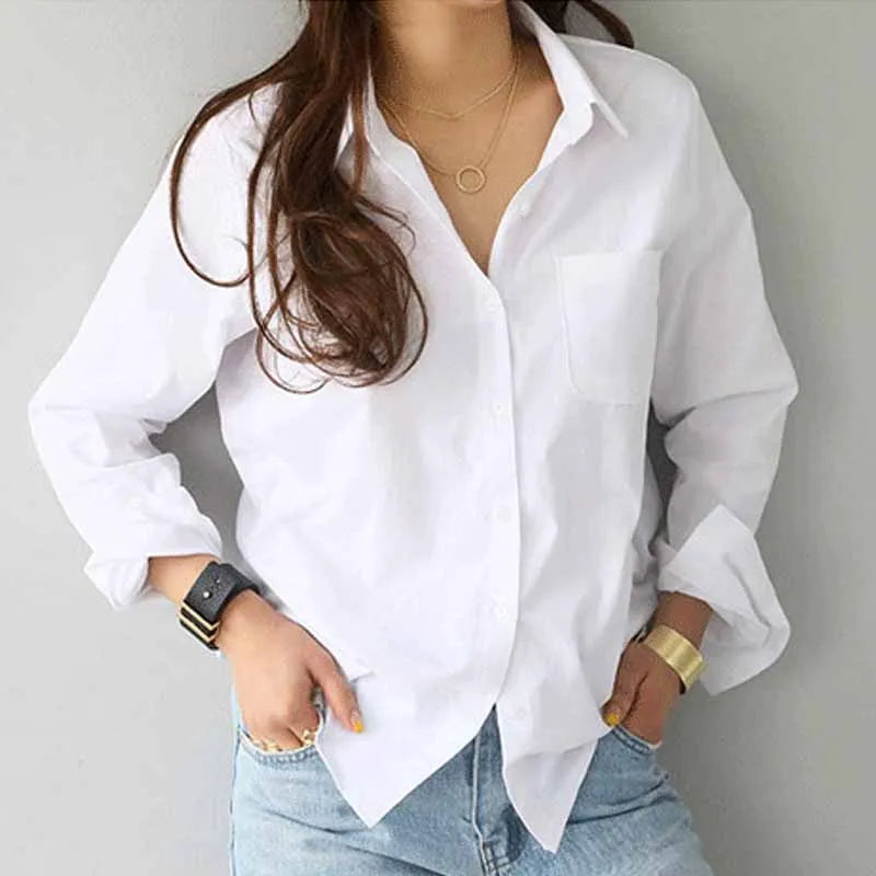Cotton White Long Sleeve Button-up Blouse