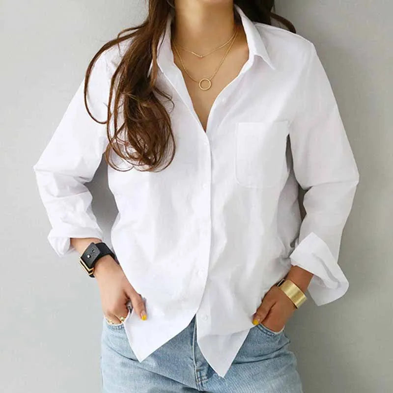 Cotton White Long Sleeve Button-up Blouse