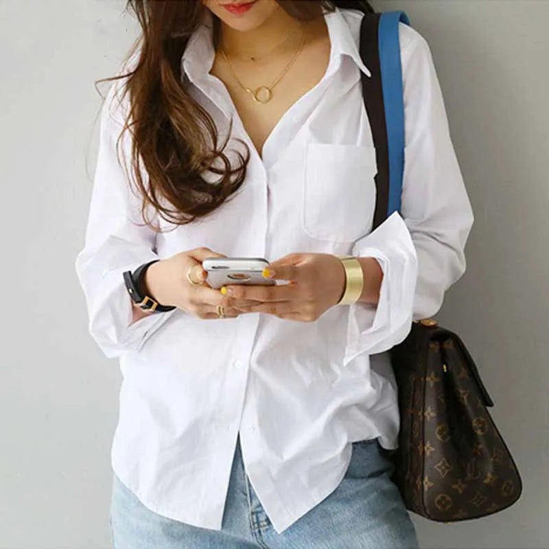 Cotton White Long Sleeve Button-up Blouse