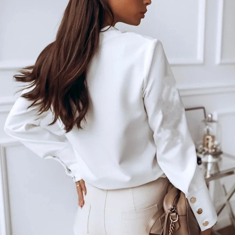 Solid Long Sleeve White Cotton Blouse