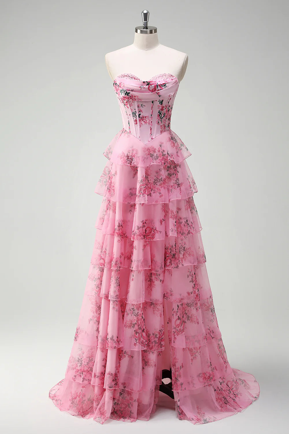 Blue White Flower A-Line Sweetheart Tiered Long Prom Dress with Slit
