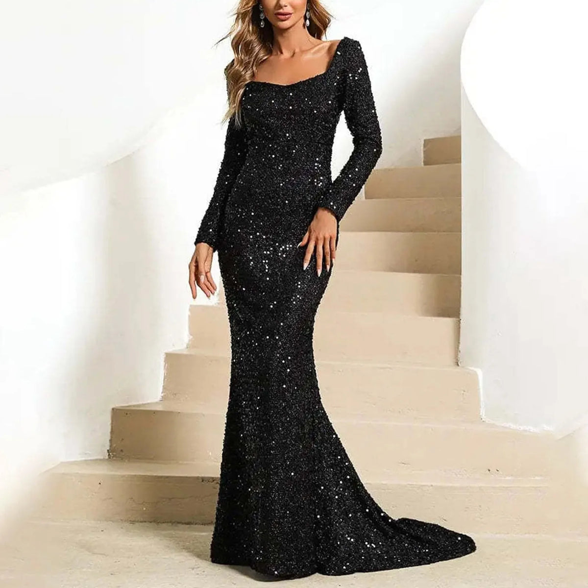 Sequin Flare Sleeve Mermaid Evening Gown 4
