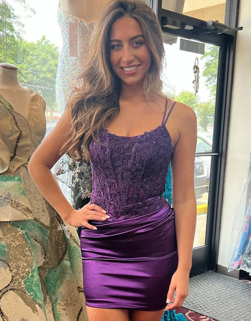 Bodycon Double Straps Satin Homecoming Dress With Appliques - Fashionpara